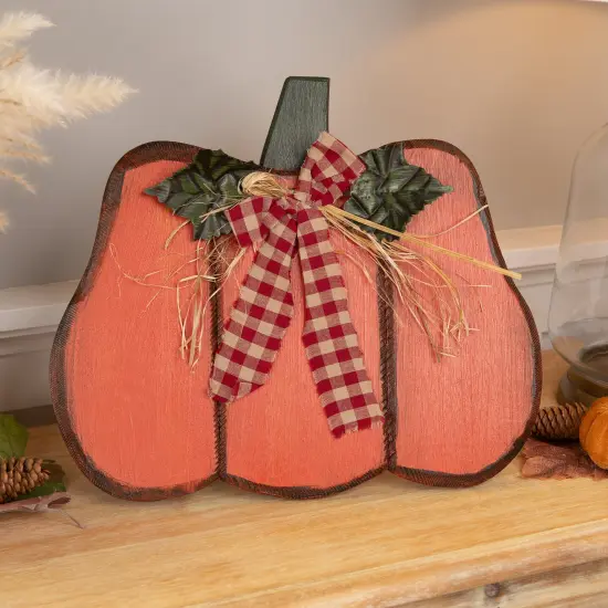 Northlight Wooden Pumpkin Fall Harvest Decoration with Bow and Leaves - 15.25" Orange {1}