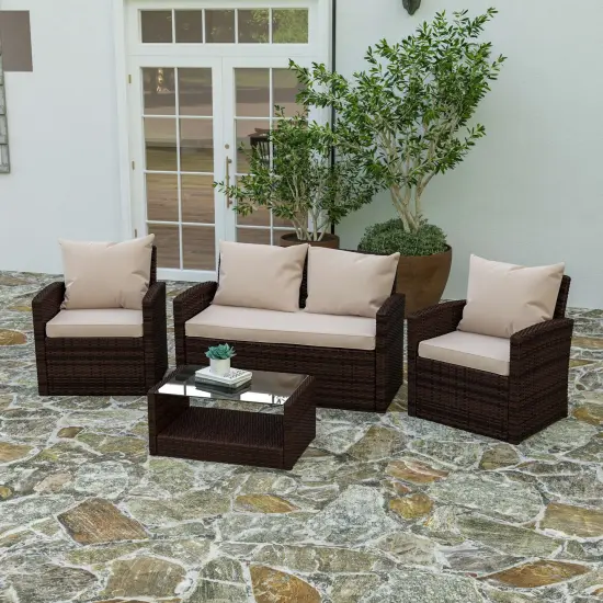 Merrick Lane Atlas 4 Piece Patio Set Contemporary Loveseat, 2 Chair and Coffee Table Set with Back Pillows and Seat Cushions Beige/BrownFrame {3}