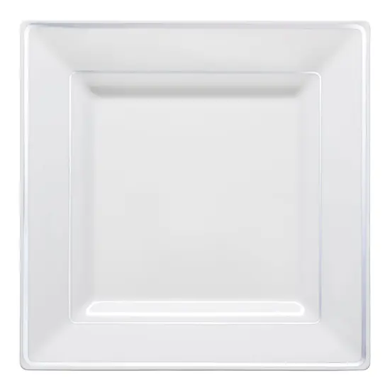 White with Silver Square Edge Rim Plastic Dinner Plates - 9.5" (120 Plates) {2}