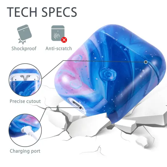 For Apple AirPods 2 / 1 Case, Blue and Pink Marble Protective Cover with Keychain for Women Men {2}