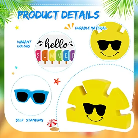 5 Pcs Hello Summer Tiered Tray Decor Wooden Sunglasses Table Decor Set Rustic Tabletop Decoration Farmhouse Sunshine Flower Wood Table Sign Centerpieces Summer Decorations for Home Office Shelf {4}