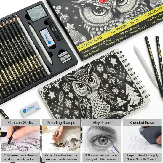 Drawing Sketching Pencil Set, 26 Pieces, Graphite Pencils (14B-4H), Charcoal Pencils, Charcoal Sticks, Blending Stump, Eraser, Sharpeners, Artist Pencils for Beginners & Pro Artists {5}