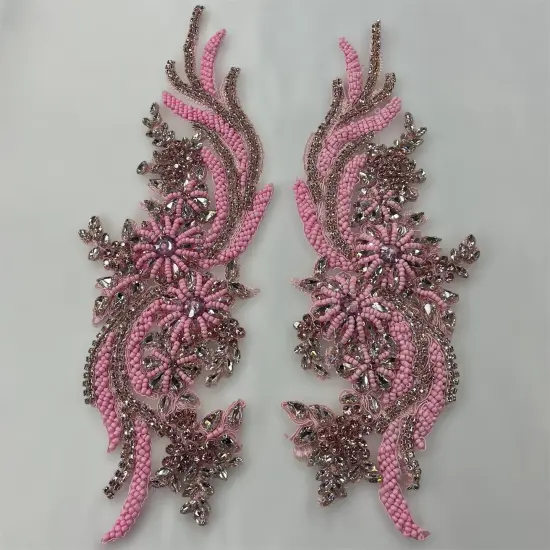 1 Pair 14" x 4" Each Side Crystal Rhinestone Beaded & Corded Lace 100% Polyester Rose Gold {4}