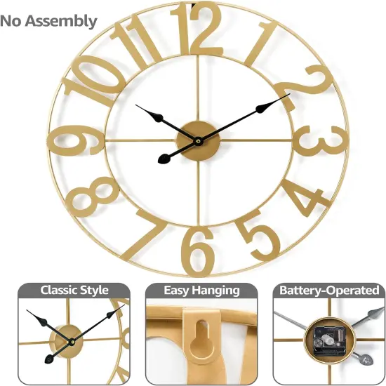 Sorbus Large Wall Clock - 24-inch Decorative Numeral Wall Clock - Battery Operated Analog - Living Room and Kitchen D&eacute;cor Gold {4}