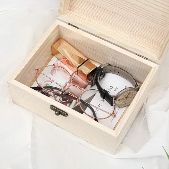 1-Pack Unfinished Unpainted Wooden Box with Hinged Lid for Crafts DIY Storage Jewelry Plain Pine Box {5}