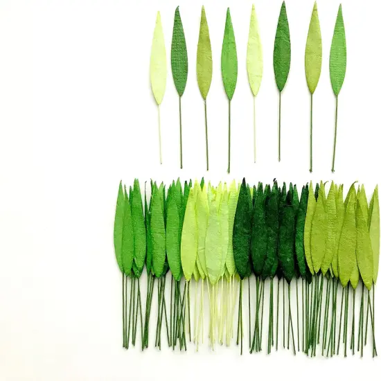 50 pcs. Mixed Tone Green Grass Leaves with Wire Stems 8 mm Mulberry Paper Leaves Craft Supplies Scrap Booking Embellishments for so Many Card Craft Projects {2}
