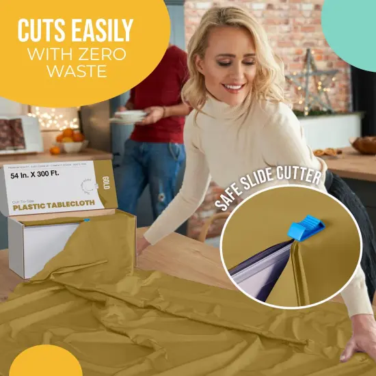  Party Solids 54" x 300' Plastic Table Cover Roll with Slide Cutter &ndash; Cut-to-Size Dispenser Box &ndash; Makes Up to 36 Disposable 8' Rectangle Tablecloths by Exquisite Gold {5}