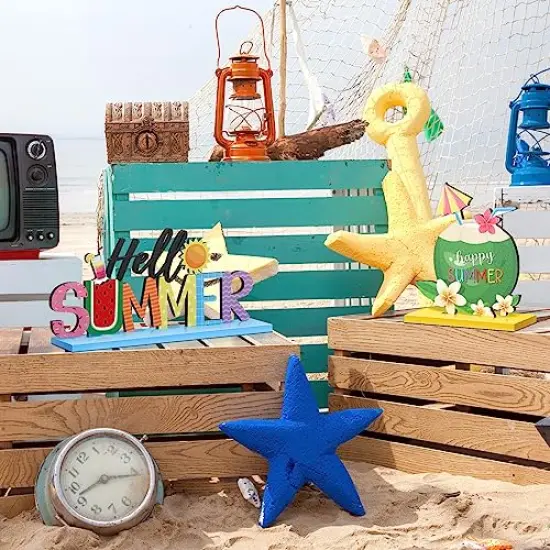 7 Pieces Hello Summer Table Decoration Sign Wooden Centerpieces Beach Gnome Wooden Decor for Farmhouse Summer Beach Home Table Tiered Tray Decor {2}