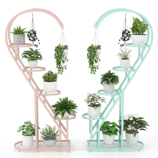 Costway 5 Tier Metal Plant Stand Heart-shaped Shelf with Hanging Hook for Multiple Plants Black/White/Pink & Blue {9}