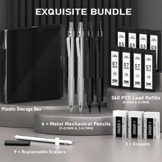 4PCS Metal Mechanical Pencils Set with Case, 0.5mm & 0.7 mm Artist Pencil with 8 Tubes (480PCS) HB Lead Refills, 3 Erasers,9 Eraser Refills For Writing Drafting, Drawing, Black&Silver {4}