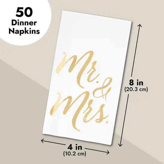 50-Pack Mr and Mrs Napkins, Disposable Wedding Dinner Napkins for Reception, Rehearsal Dinner, Bridal Shower, Engagement Party (Gold Foil and White, 3-Ply, 4x8 in) {7}