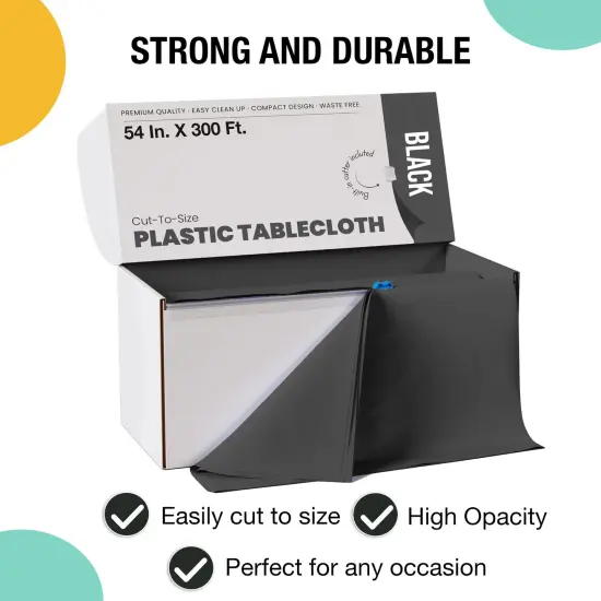  Party Solids 54" x 300' Plastic Table Cover Roll with Slide Cutter &ndash; Cut-to-Size Dispenser Box &ndash; Makes Up to 36 Disposable 8' Rectangle Tablecloths by Exquisite Black {3}