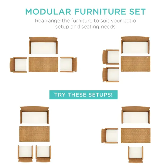 Best Choice Products 4-Piece Outdoor Wicker Patio Conversation Furniture Set w/ Table, Cushions Natural/Ivory {2}