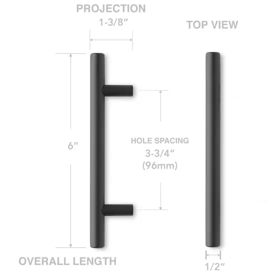 Cauldham Solid Stainless Steel Euro Cabinet Pull Matte Black (3-3/4" Hole Centers) - 10 Pack {6}