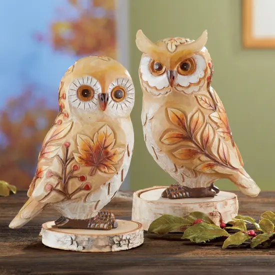 Collections Etc Hand-Painted Fall Leaves and Berries Owl Decorative Statues - Set of 2 {1}