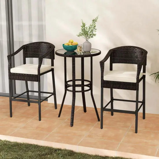 Costway 3 PCS Patio Rattan Bar Set Wicker Armchairs & Round Table with Tempered Glass Top {4}