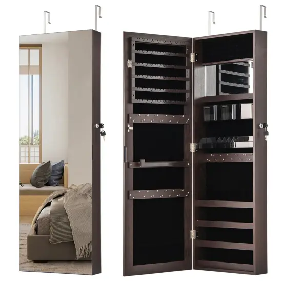43.5 Inch Jewelry Mirror Cabinet with Full-length Mirror and Adjustable Hangers Dark Brown {1}