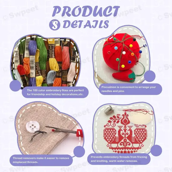 212Pcs Embroidery Kit, Stitch Kits Include 100 Colors Threads, Aida Cloth, Sewing Pins, Floss Bobbins, Embroidery Needles, Bamboo Embroidery Hoops, The Shell of a Pen with Erasable Refill {5}