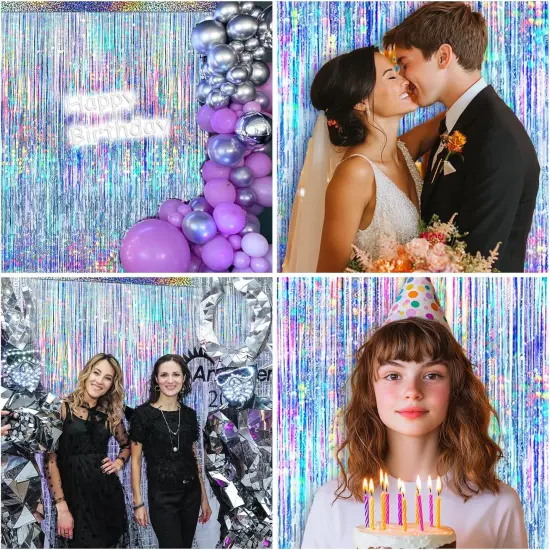4 Packs Silver Foil Fringe Curtain, Silver Glitter Metallic Tinsel Backdrop for Birthday, Wedding, Baby Shower, 70s 80s 90s Theme Disco Party, Bachelorette Party, Iridescent Party Decorations Supplies {4}