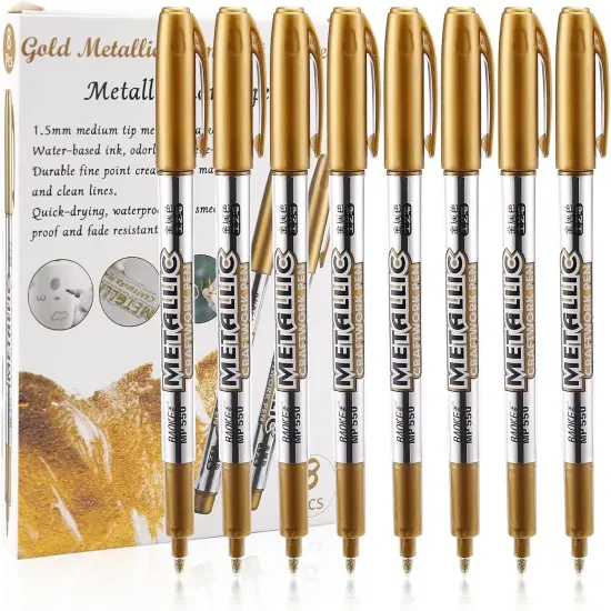 Metallic Marker Pens, Gold Metallic Permanent Markers for Artist Illustration, Crafts, Gift Card Making, Scrapbooking, Fabric, DIY Photo Album, Value Set of 8 {1}
