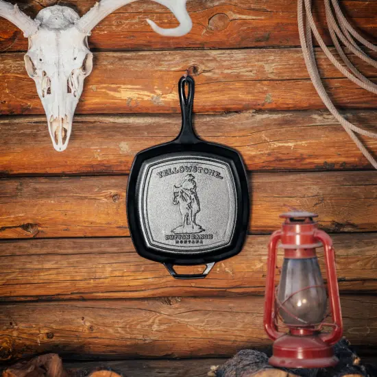 Lodge Yellowstone Square Grill Pan, Cast Iron 10.5 inch Pre-Seasoned Skillet with Grill Ribs and Assist Handle, Cowboy on Horseback Design {5}