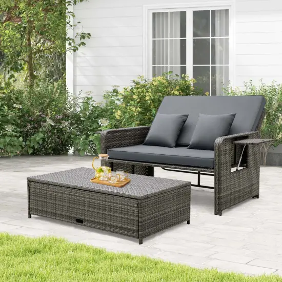 Costway Wicker Loveseat Sofa Set Patio Rattan Daybed with Ottoman & Retractable Side Tray {2}