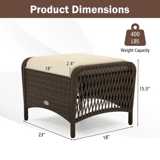 Set of 2 Outdoor PE Wicker Ottomans with Removable Cushions and Metal Frame Beige {5}