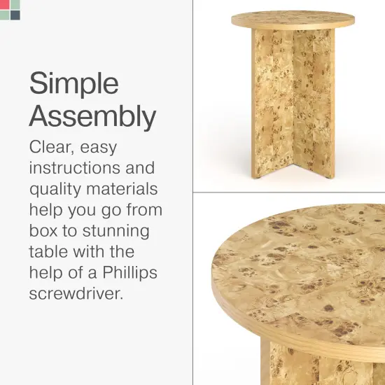 Round Burl Wood Side Table - Modern Home, Bedroom, and Living Room Furniture - Wooden Nightstand - 16 Inch End Desk - Small Wooden Accent Table - Solid Base and Wood Grain Veneer Finish (Burl) {7}