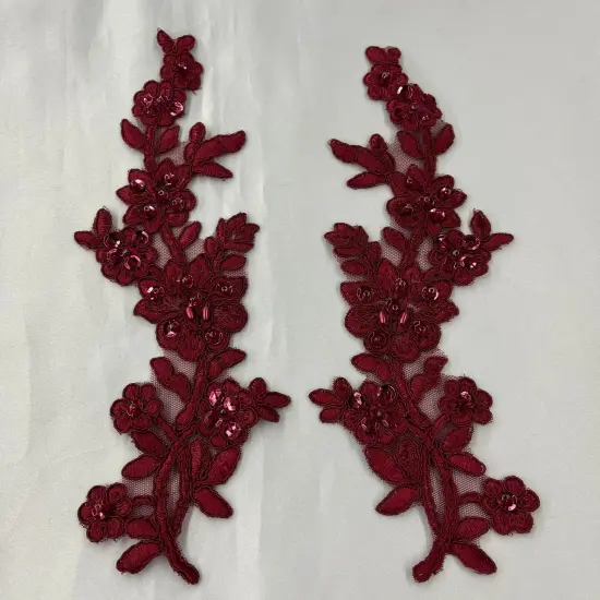 1 Pair Beaded & Corded Floral Lace Applique 10" x 2" Each Side Magenta Color {6}