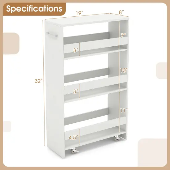4-Tier Rolling Storage Cart Slim Kitchen Cart on Wheels with Open Shelves and Handle White {5}
