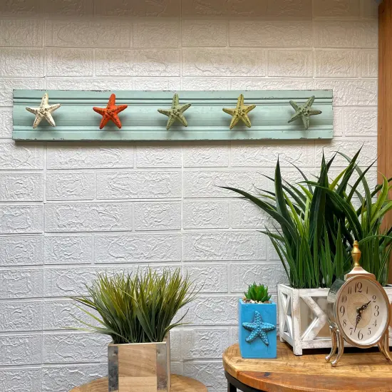 Charming Cast Iron Starfish Wall Hook Rack &ndash; 31.5 Inch Wooden Backing {5}