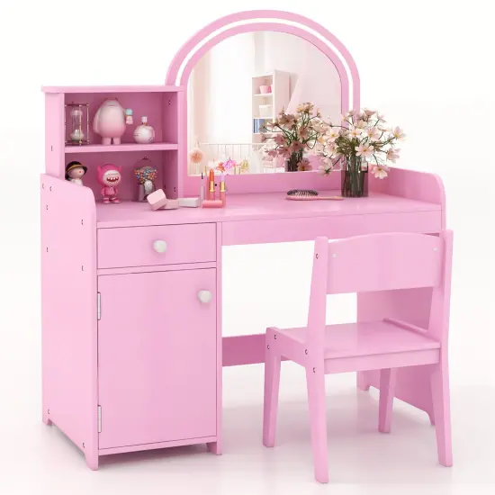 Costway Kid Vanity Table Chair Set 2-Color LED Lights Large Drawer Shelf Cabinet White/Pink {8}