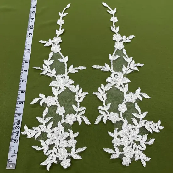 1 Pair Beaded & Corded Floral Lace Applique 17" X 4.5" Each Side, 100% Polyester Net Mesh Ivory {1}