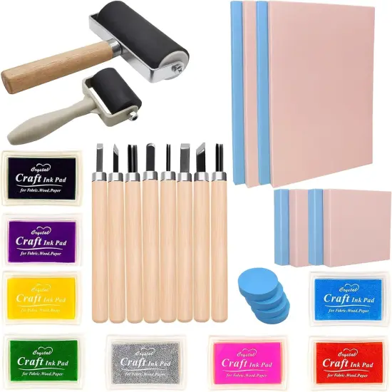 30PCS Rubber Block Stamp Carving Blocks with Cutter Tools and Rubber Brayer Roller for DIY Printmaking and More Crafts (combo pack) {1}