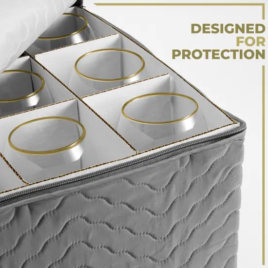 Sorbus Stemware Storage Cases (Quilted) Wine Glass Storage Box Case with Dividers and Handle for Glassware, Flutes, and Goblets Gray {4}