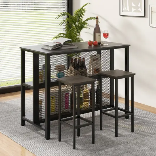 36 Inch 3-Tier Bar Table with Storage Metal Frame Adjustable Foot Pads for Dining Room Grey {6}