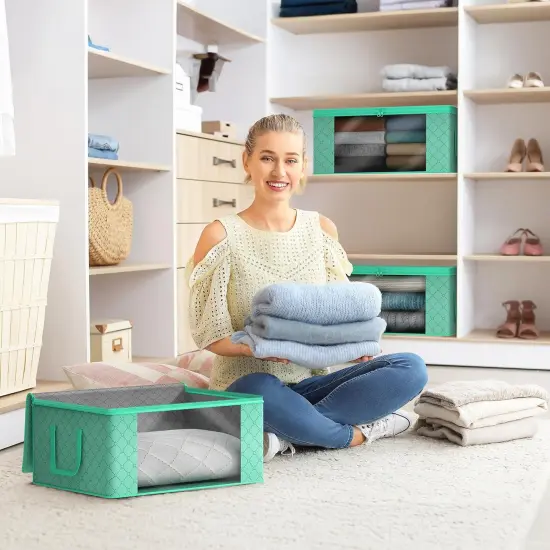 Sorbus Medium Clothes Storage Bag 1 Pack, Blanket Organizater Bin with Window, Lids, and Handles Teal {2}