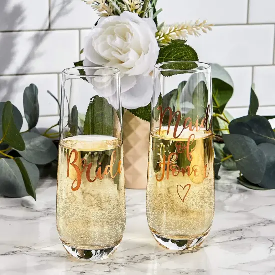 Juvale Rose Gold Stemless Champagne Glasses for Bride and Maid of Honor, 9.8 oz Wedding Flutes Gift Set (2 Pieces) Clear {3}