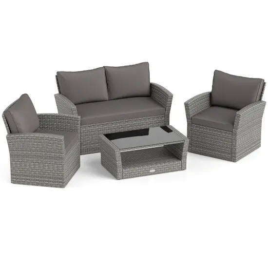 Costway 4 PCS Patio Furniture Set with 2 Rattan Chairs Loveseat Coffee Table Cushions Gray {1}