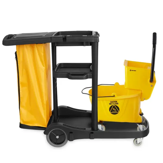 Dryser Commercial Janitorial Cleaning Cart on Wheels with Cover, Shelves and Vinyl Bag & Commercial Mop Bucket with Side Press Wringer, 26 Qt. Yellow {2}