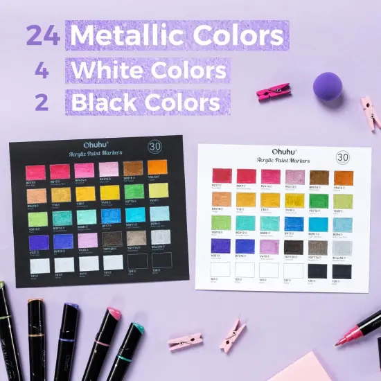 Ohuhu Acrylic Paint Markers 24 Metallic Colors 30 Pens: Dual Tips (Round & Fine) Acrylic Markers High Opacity Paint Pens Waterproof Lightfast for Rock Painting Eggs Wood Glass Ceramic - Kakaako {3}