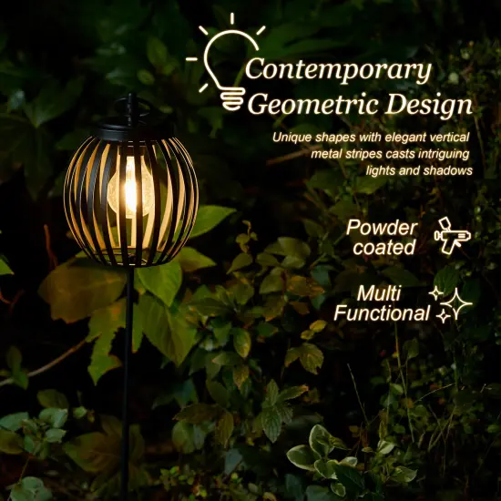 Set of 2 32.25"H Black Metal Stripes Solar Powered Outdoor Lantern with Edison Bulb and Stake {4}