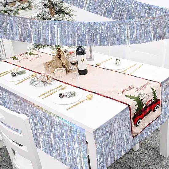 Laser Silver Christmas Decorations Tinsel Garland Parade Float Decorations for Trailer 4Pack 12FT Christmas Party Decor Ceiling Fringe Banner Silver Backdrop for Streamers Party Decorations {3}