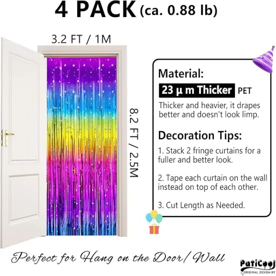 Sparkly Rainbow Gradient Tinsel Foil Fringe Curtain Backdrop - Thicken 4 Pack 3.2 x 8.2 Ft - Glitter Rainbow Door Streamers Party Backdrop Decorations for Birthday, Disco, 80s 90s Party {2}