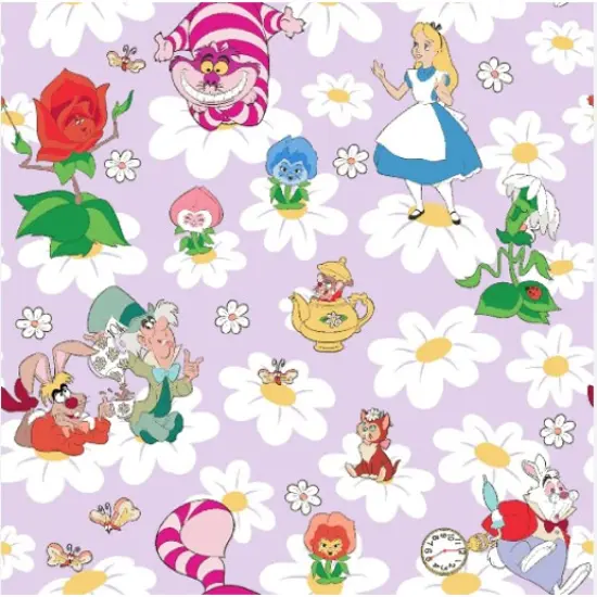 Disney's Alice and Friends Among Daisies Lilac Cotton Fabric by the Yard {1}