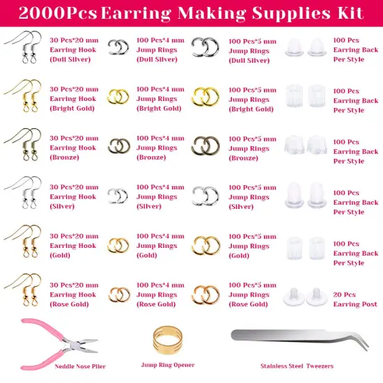 Earrings Hooks for Jewelry Making, Anezus 2000Pcs Earring Making Supplies Kit with Fish Hook Earrings, Earring Cards, Jewelry Plier, Earring Backs and Jump Ring for Jewelry Making and Earring Repair {6}