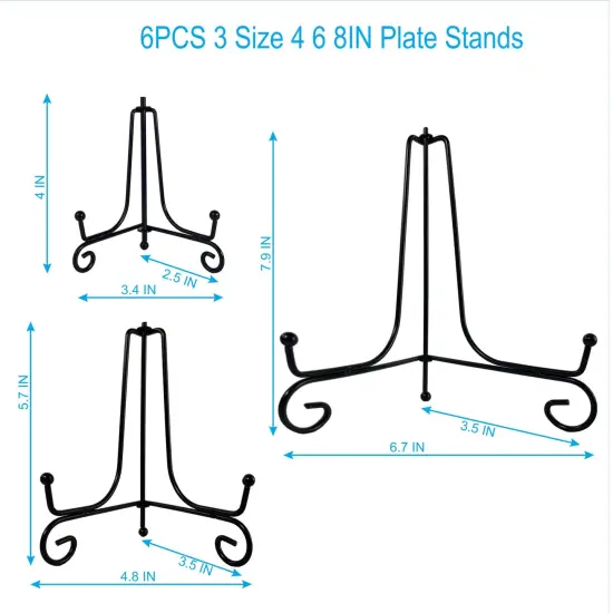 6PCS 3 Size Black Iron Plate Stands for Display 4 6 8 Inch, Decorative Metal Plate Holders for Displaying, Mini Easel Stand, Frame, Book, Card, Plaque, Bowl, Picture Stands for Display {3}
