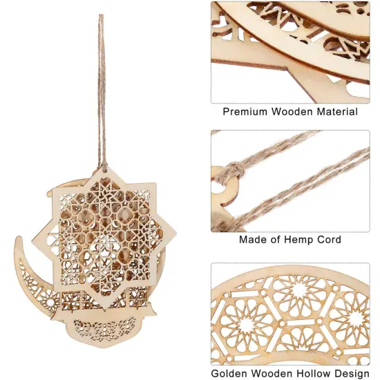 Willbond 12 Pcs Ramadan Wooden Ornaments Eid Mubarak Hanging Hollow Pendant Ramadan Party Wall Decorations Moon Star Lantern Shape Ornament for Muslim Islam Festive Home Table Decoration {4}