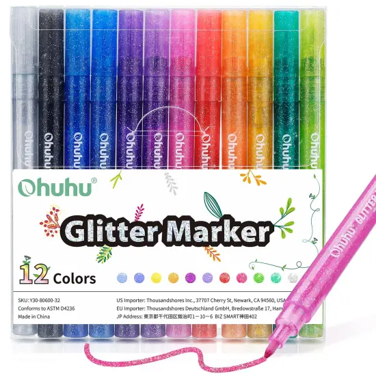 Glitter Markers Pen 12 Glitter Colors Metallic Shimmer Marker Fine Point Tip Water-based Ink for Kids Adults DIY Crafts Greeting Birthday Cards Making Poster Album Scrapbooking Mugs Wood {3}