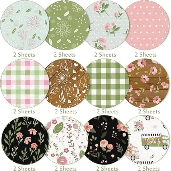 12 Designs Spring Pattern Paper 24 Sheet Plaid Floral Scrapbook Paper Pink Double-Sided Collection Decorative Craft Paper Folded Flat for Card Making Scrapbook Photo Album Decor, 30 x 30cm {3}